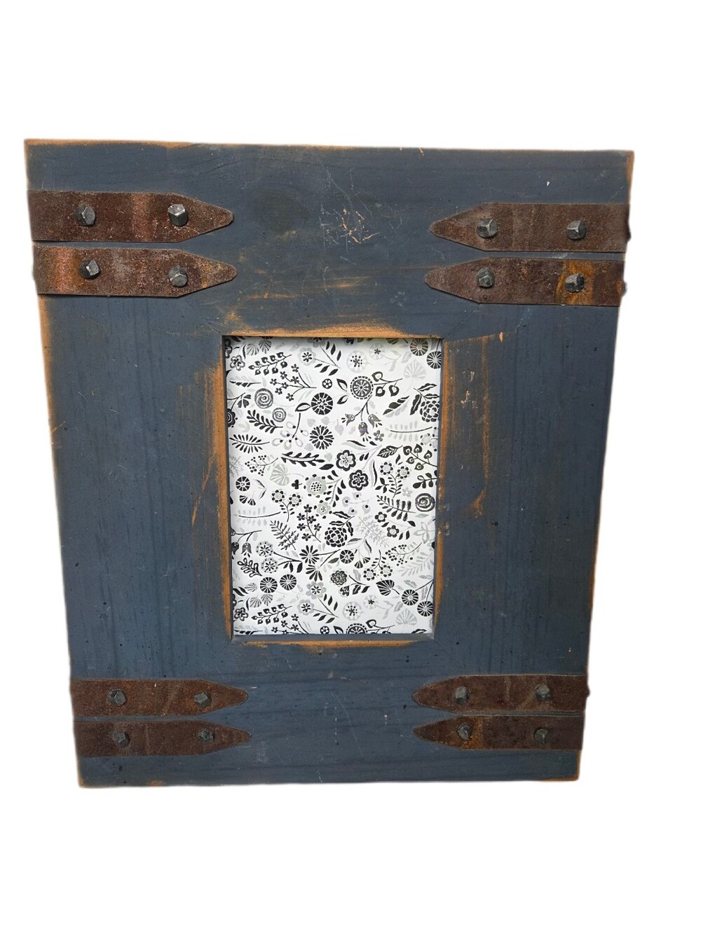 Rustic Vintage Blue Wooden Photo Frame with Distressed Metal Accents